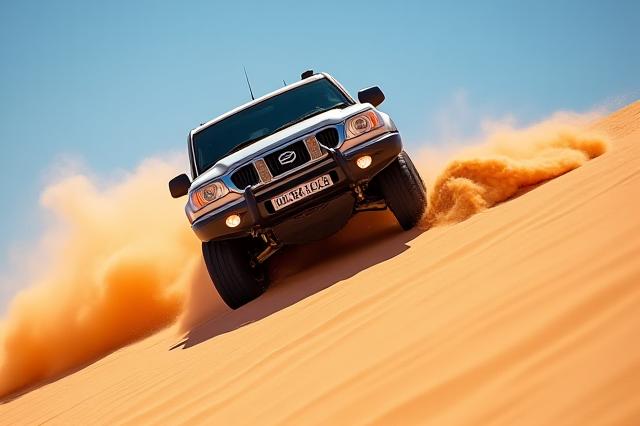 4x4 वाहन रेत के टीले पर उछलता हुआ