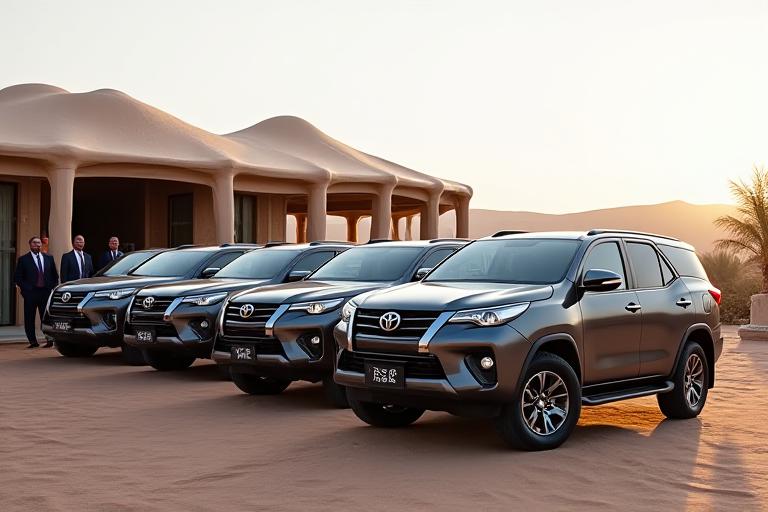 कॉर्पोरेट इवेंट के लिए रेगिस्तान में खड़ी लक्जरी 4x4 एसयूवी