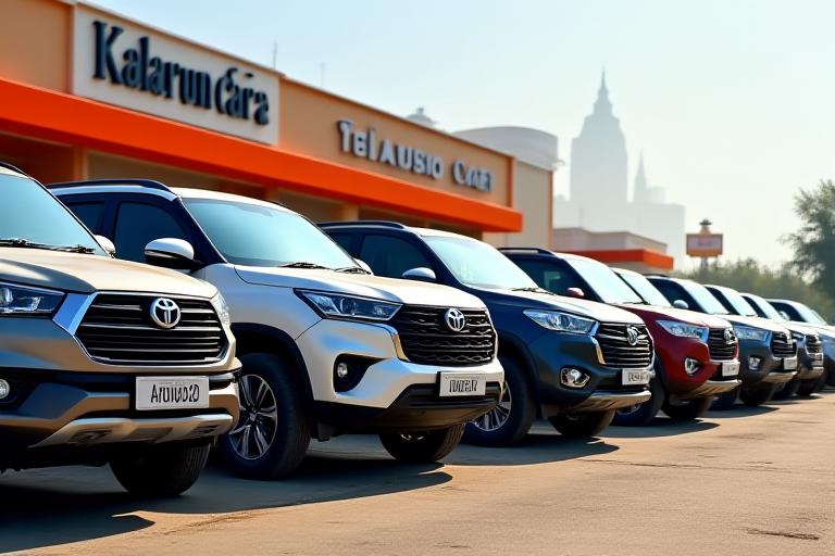 किराए के लिए खड़ी विभिन्न 4x4 वाहनों की पंक्ति